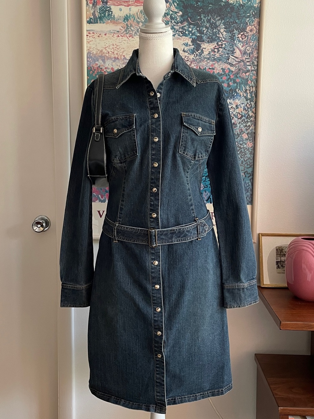 Moda International Jean Jacket Dark Wash Denim Belt Pearl Button Trenchcoat Y2K